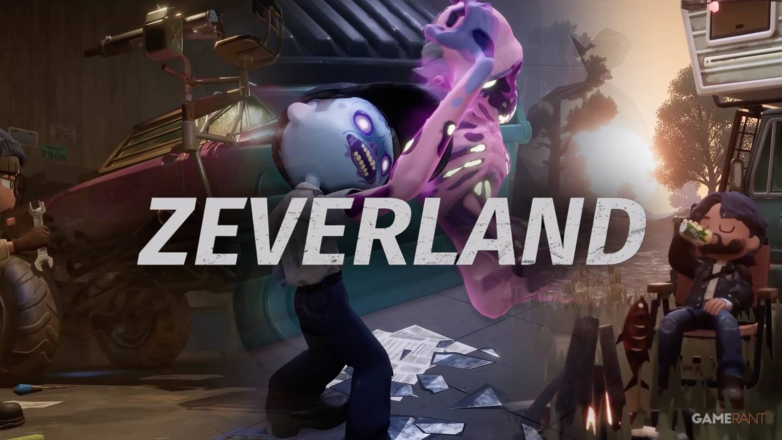 Zeverland key art of infected zeds with glowing purple flesh under a dusk sky.